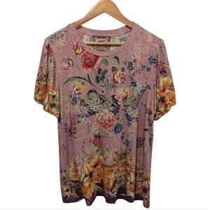 Johnny Was Topiary Gathered Short Sleeve Knit Top Size Large